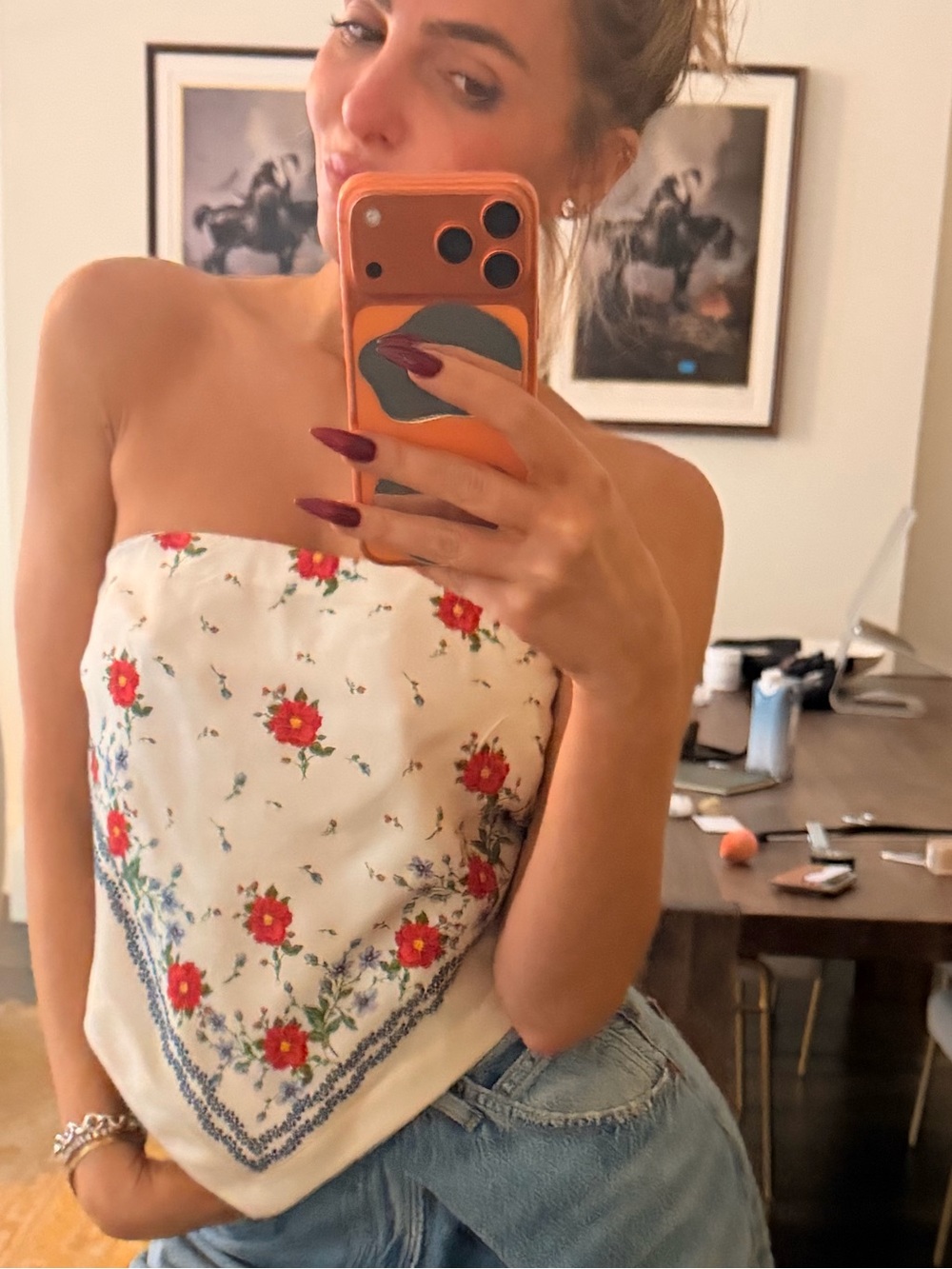 Strapless tube Floral Bandana Top - White with Red Blooms CAMI NYC XXS NWT